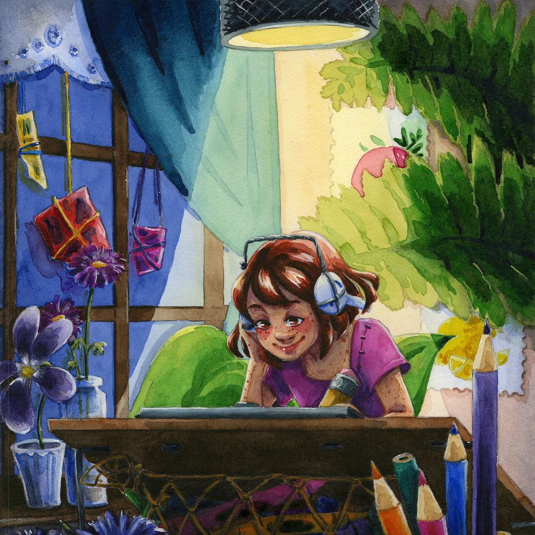 Tiny girl Kara listening to Lofi beats.